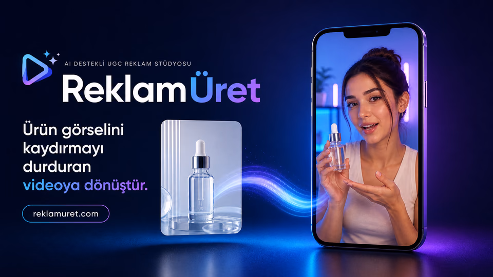 Ürün fotoğrafının ReklamÜret ile UGC reklam videosuna dönüşümünü gösteren kampanya posteri